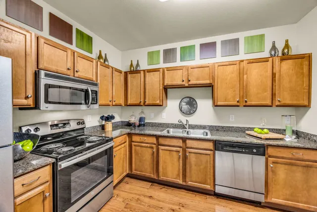 a kitchen with stainless steel appliances granite countertop a stove a sink and a refrigerator