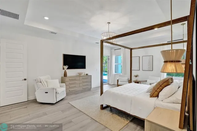 a bedroom with a bed and flat screen tv