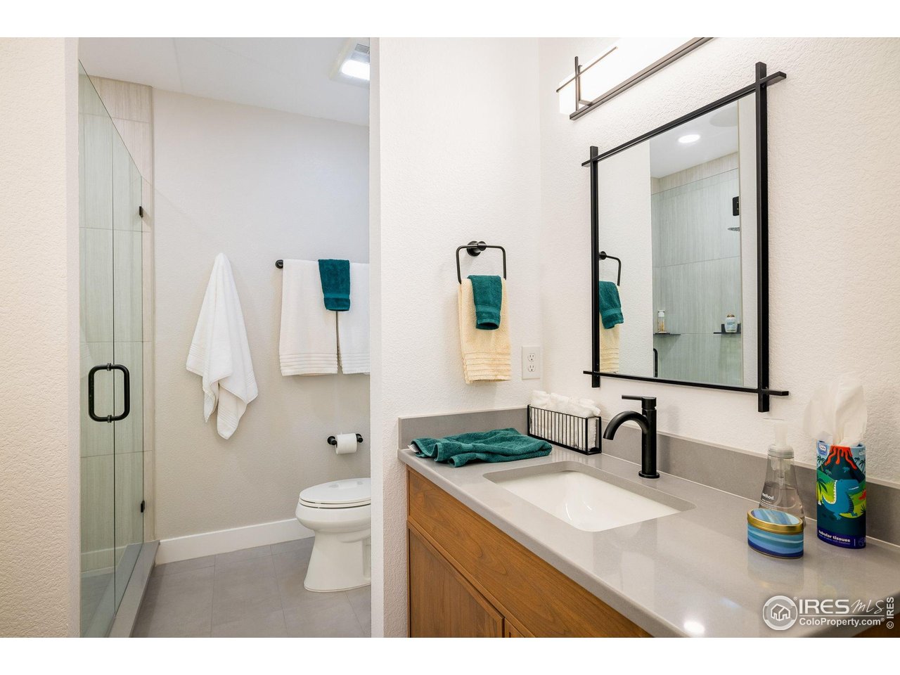 2940 Newfound Lk Road Berthoud, CO 80513 - Photo 28 of 42 a bathroom with a granite countertop sink a toilet a mirror and shower