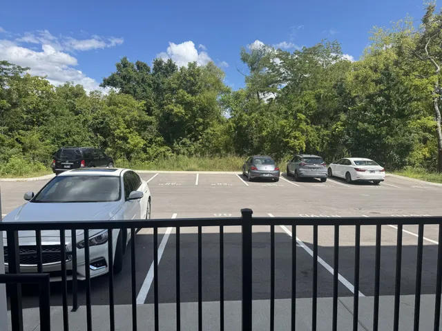 a view of a back yard from a balcony