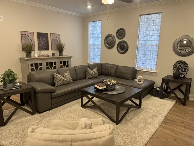 a living room with furniture and a rug