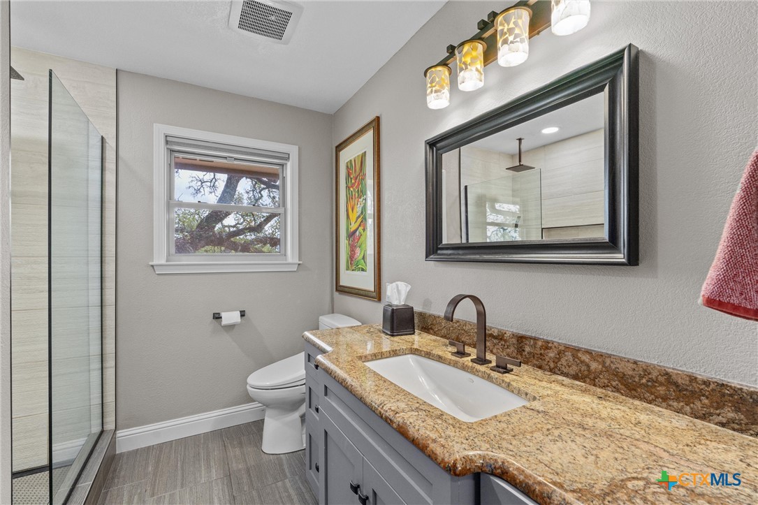 404 Skyline Road Georgetown, TX 78628 - Photo 20 of 40 a bathroom with a granite countertop sink a toilet and a mirror