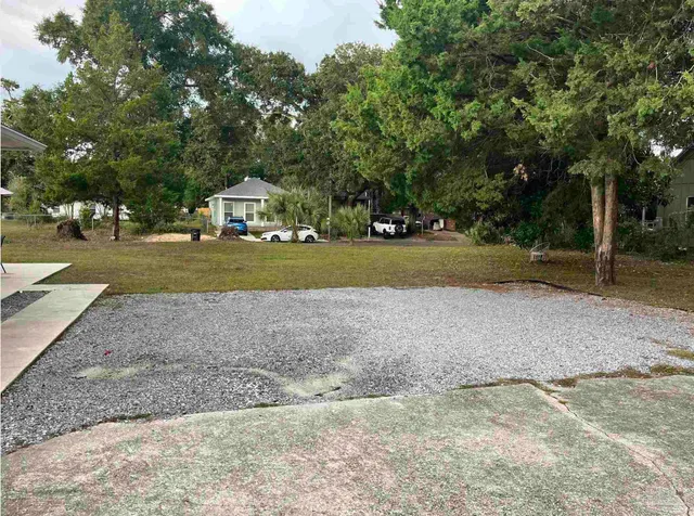 a big yard with large trees