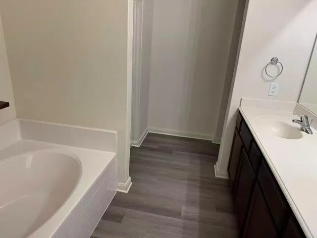 a bathroom with a bathtub sink and vanity
