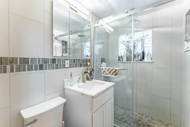 a bathroom with a sink a toilet and shower