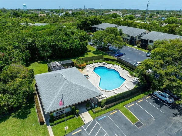 an aerial view of a backyard