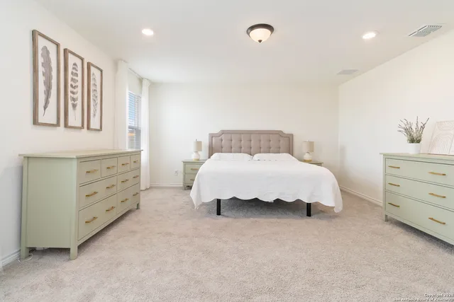 a bedroom with a bed and a cabinets