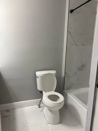a white toilet sitting next to a bath tub