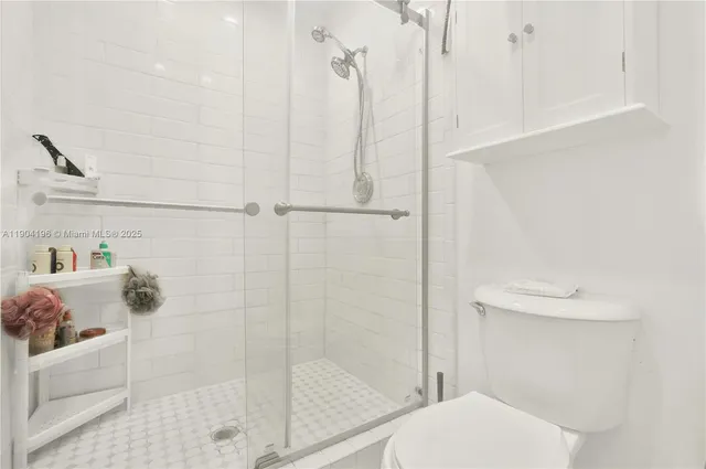 a bathroom with a shower and toilet
