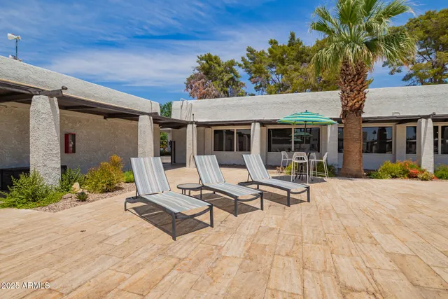 a building outdoor space with seating space