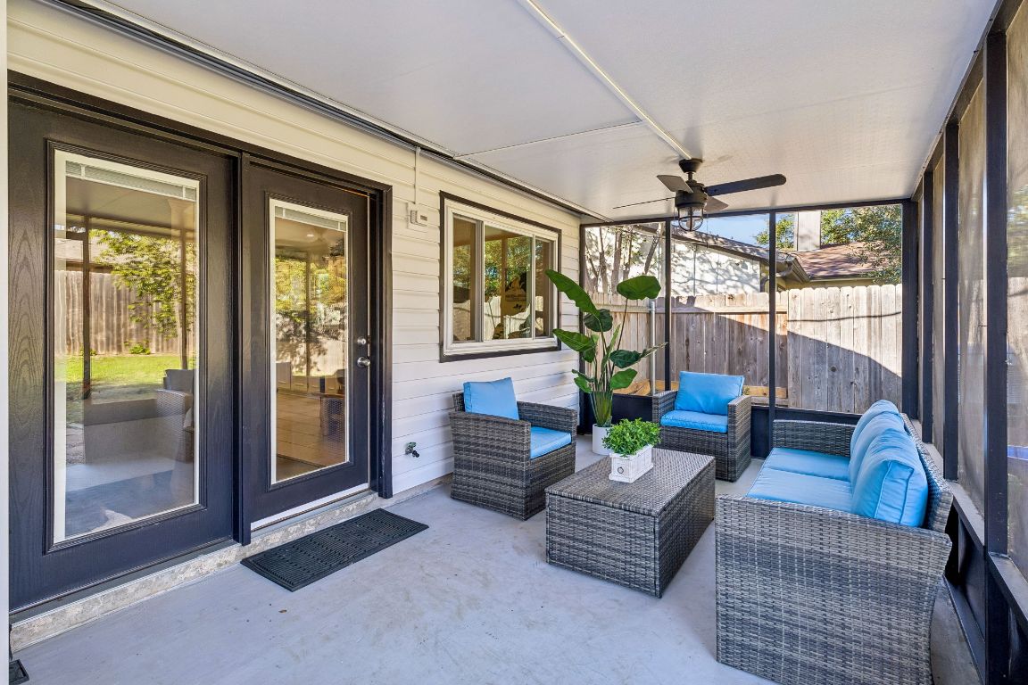 5502 Porsche Lane Austin, TX 78749 - Photo 26 of 32 View of patio featuring a ceiling fan and an outdoor living space