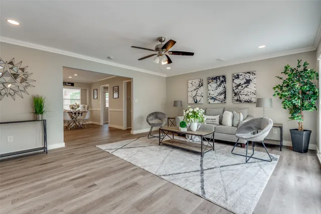 a living room with furniture and potted plant