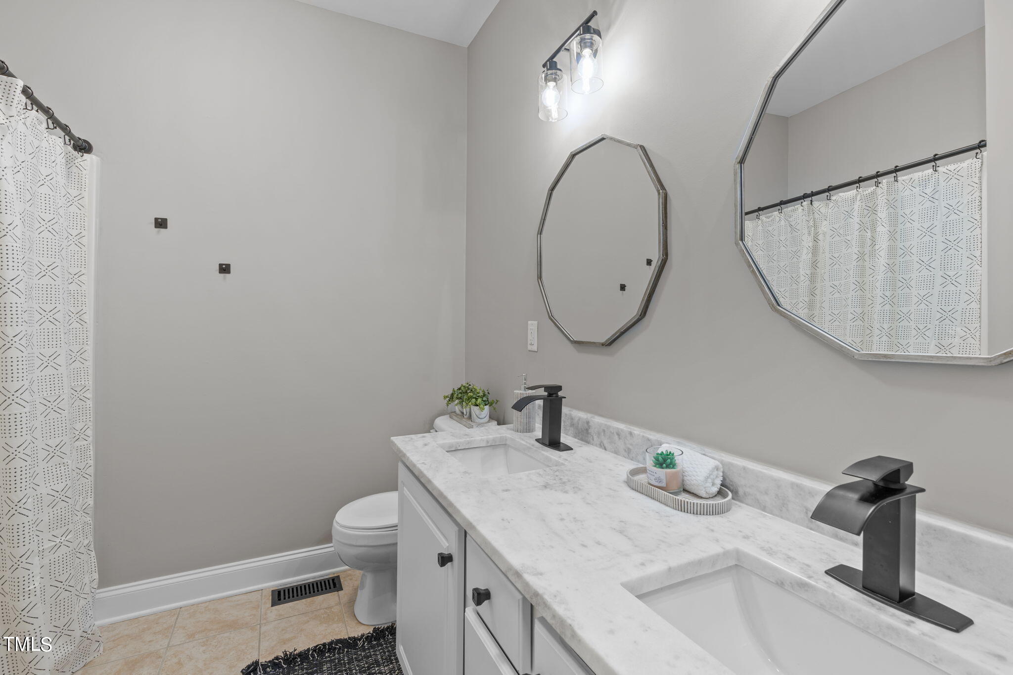 7409 Ladora Drive Willow Spring, NC 27592 - Photo 15 of 33 a bathroom with a granite countertop sink a toilet and a mirror