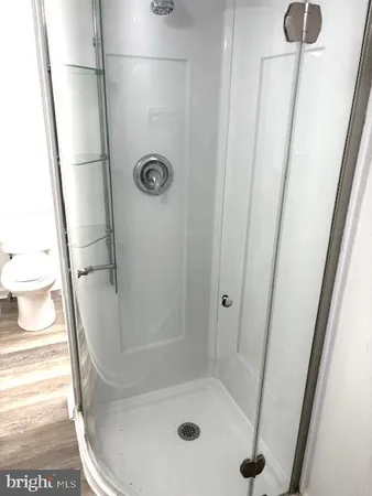 a bathroom with a shower and a toilet