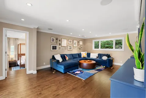 a living room with furniture and a potted plant