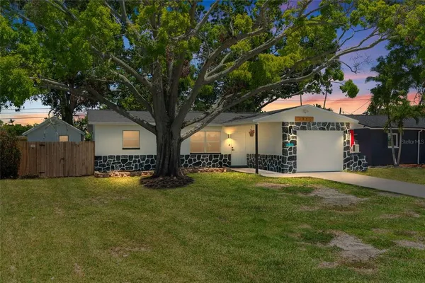 a view of a house with a big yard and large tree