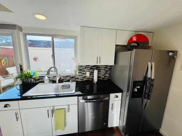a kitchen with a refrigerator and a potted plant