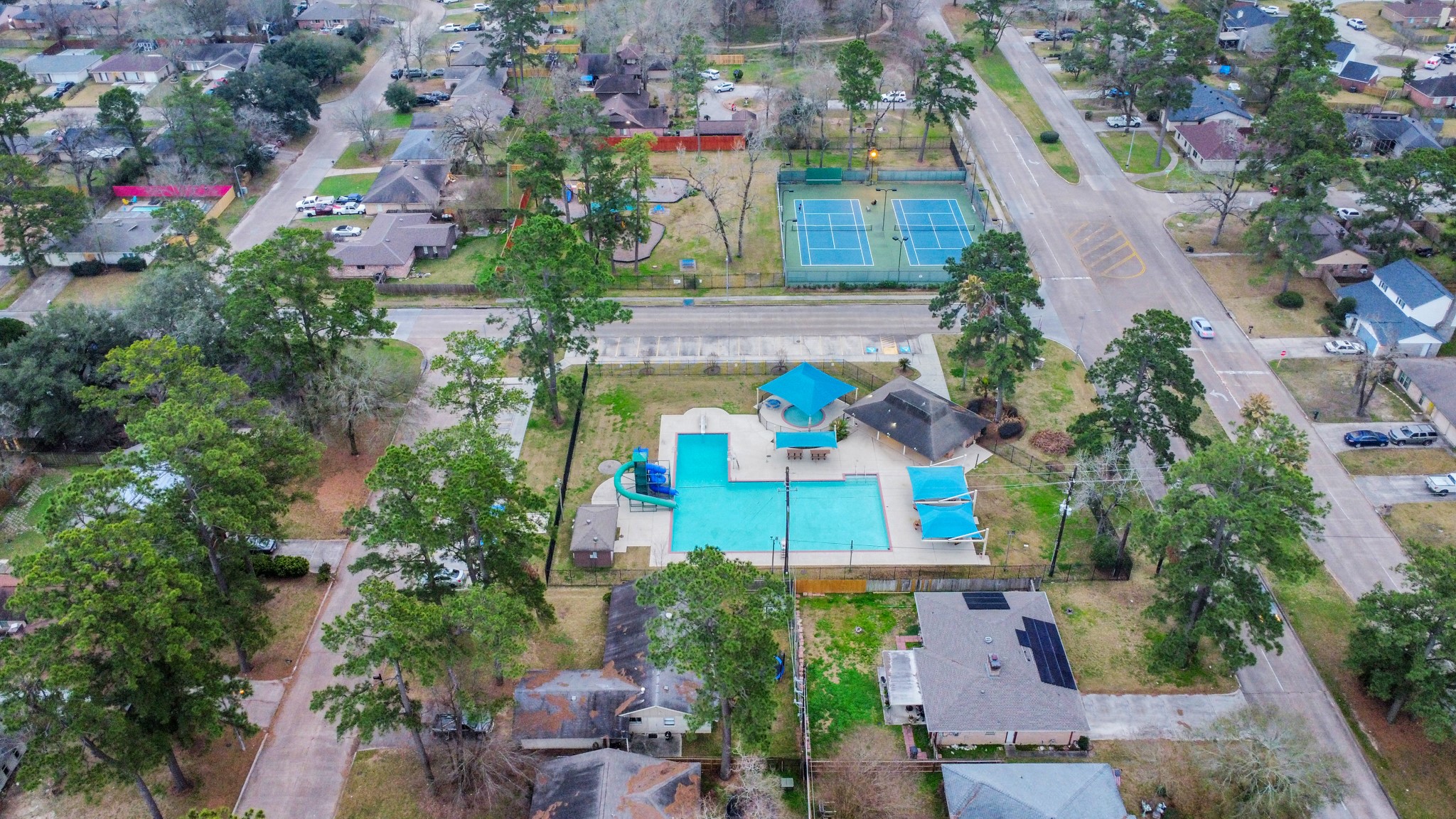 23127 Harpergate Drive Spring, TX 77373 - Photo 35 of 43 an aerial view of residential house with outdoor space and swimming pool