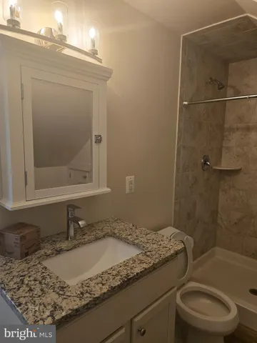 a bathroom with a granite countertop sink toilet and shower