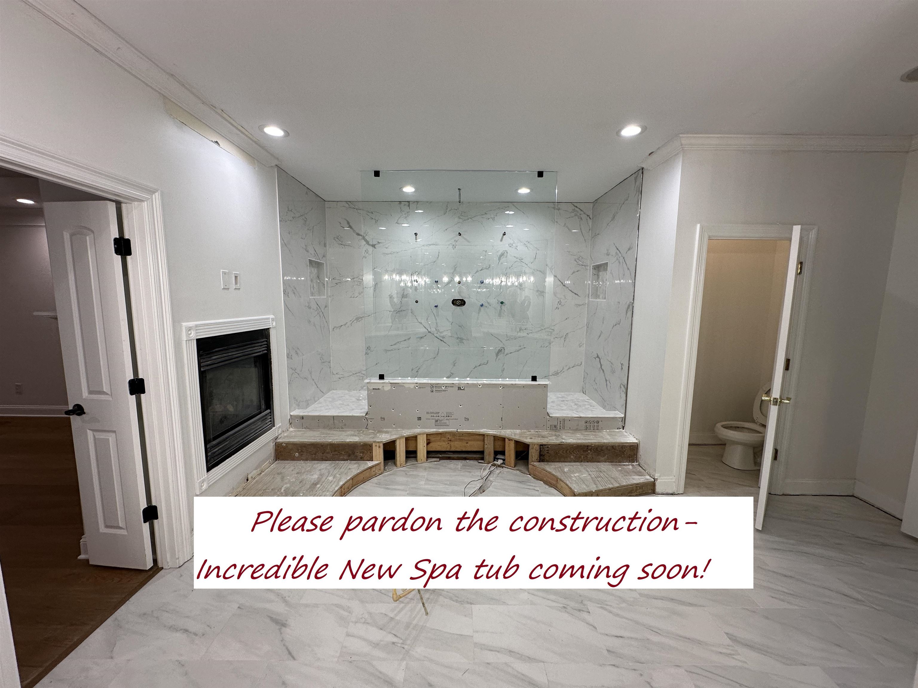 55 Hickory Nut Road Piperton, TN 38017 - Photo 13 of 40 Bathroom with toilet, ornamental molding, recessed lighting, a glass covered fireplace, and marble finish floor