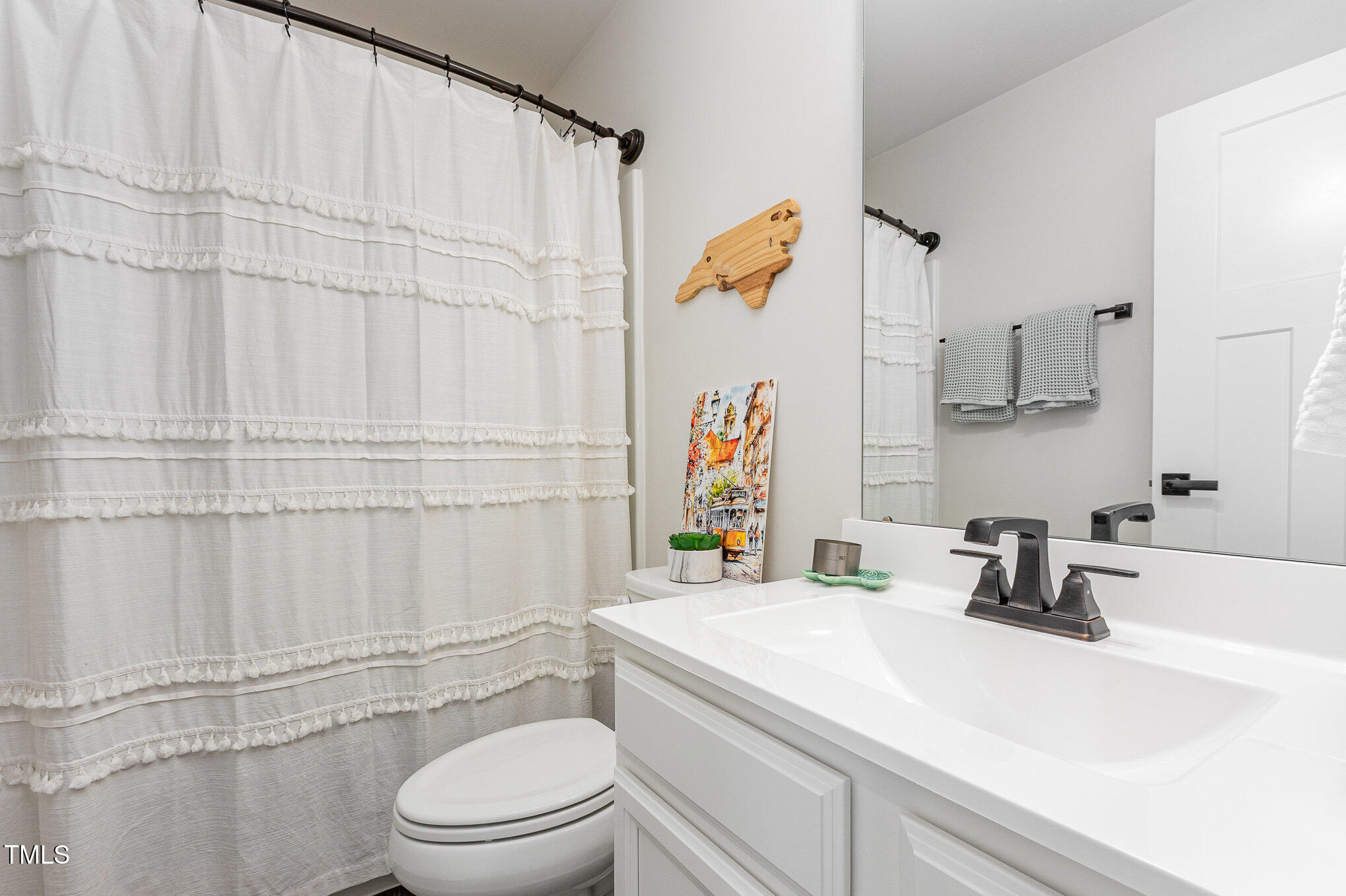 235 Misty Pike Drive Raleigh, NC 27603 - Photo 21 of 29 a bathroom with a sink a toilet and shower curtain