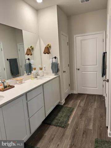 a bathroom with a double vanity sink and mirror