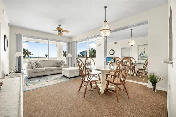 a view of a chairs and table in patio