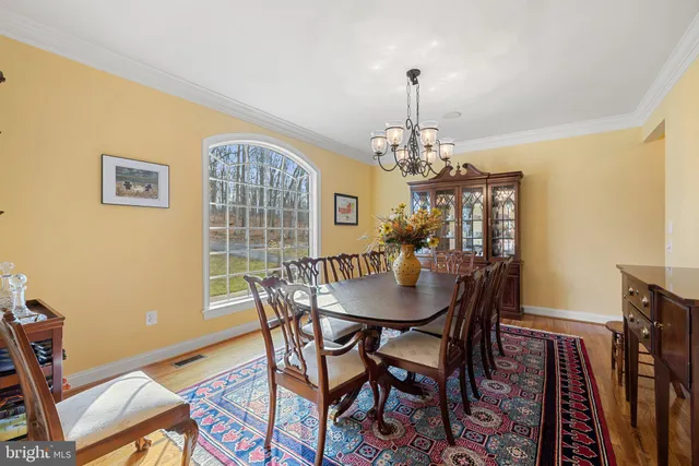 a view of a dining room and livingroom with furniture wooden floor a rug a painting and a chandelier