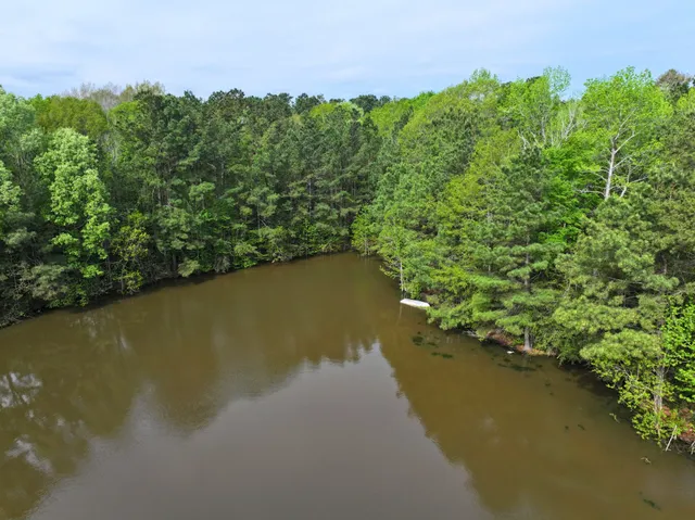 a view of a lake with houses in the background