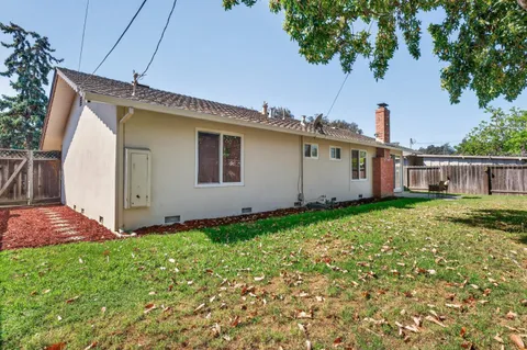 a view of a house with backyard and a tree
