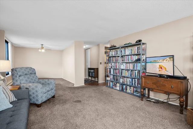 a living room with furniture and a book shelf