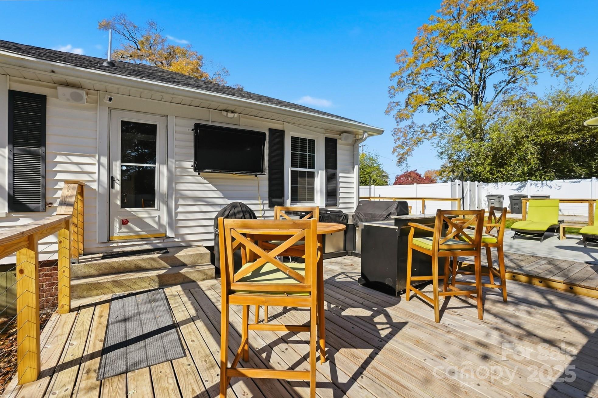 708 Mable Avenue Kannapolis, NC 28083 - Photo 27 of 48 a view of a patio with table and chairs under an umbrella with wooden floor