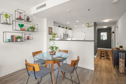 a view of a dining room with furniture