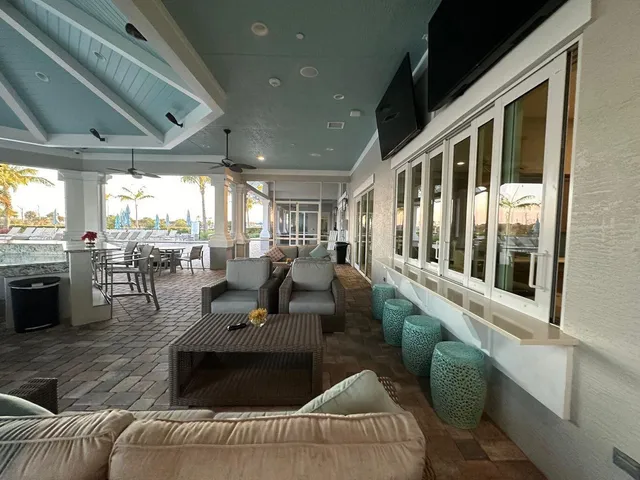 a view of a terrace with chairs