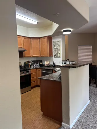 a kitchen with granite countertop a sink a counter space and cabinets