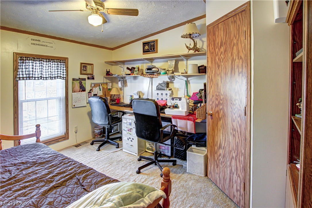 9459 Stone Road Litchfield, OH 44253 - Photo 23 of 50 Carpeted bedroom featuring ornamental molding, ceiling fan, a textured ceiling, and lofted ceiling