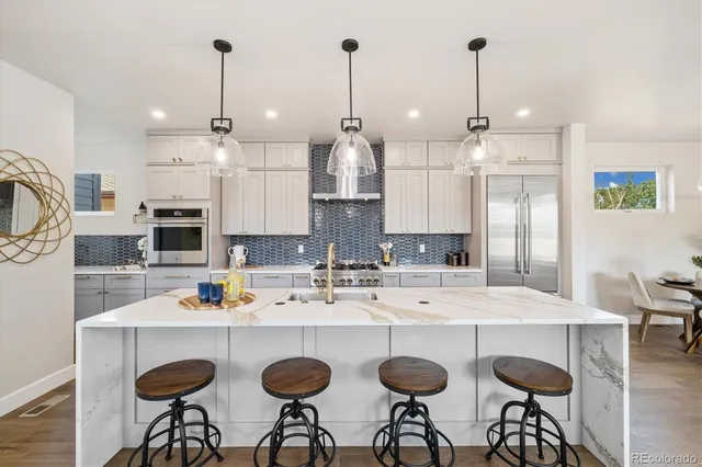 a view of an empty room with empty shelves