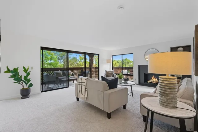 a living room with furniture floor to ceiling window and a potted plant