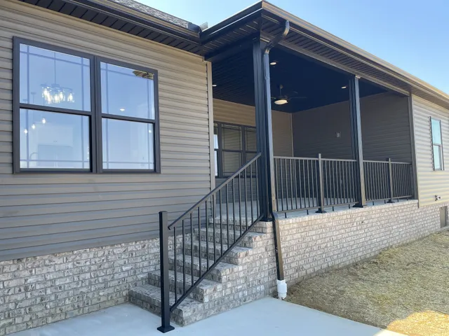 a view of a balcony with door