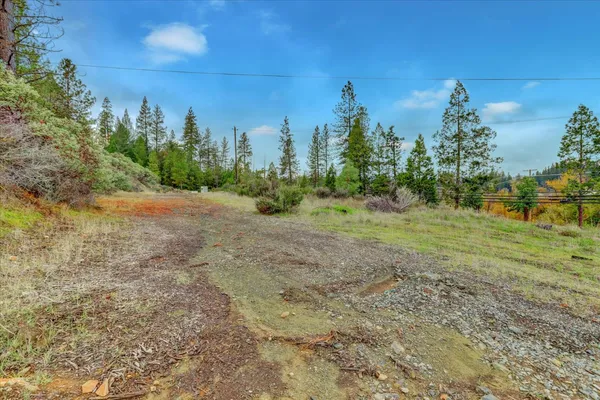 a view of a town with trees in the background