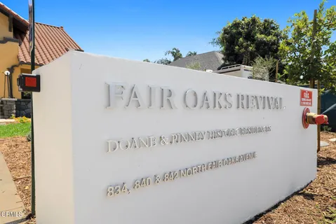 a view of a sign in front of a building