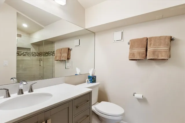 a bathroom with a sink a toilet and mirror