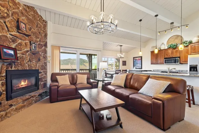 a living room with furniture a fireplace and a chandelier