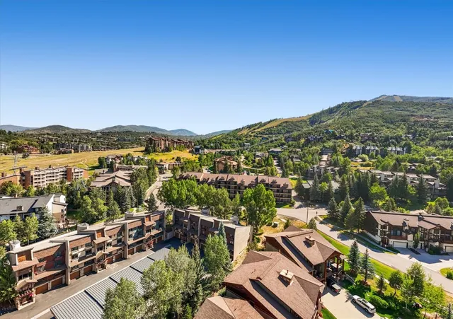 an aerial view of residential houses with outdoor space