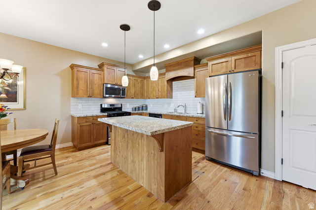 7235 Viansa Court Midvale, UT 84047 - Photo 11 of 43 Kitchen with stainless steel appliances, light wood finished floors, a center island, decorative backsplash, and hanging light fixtures