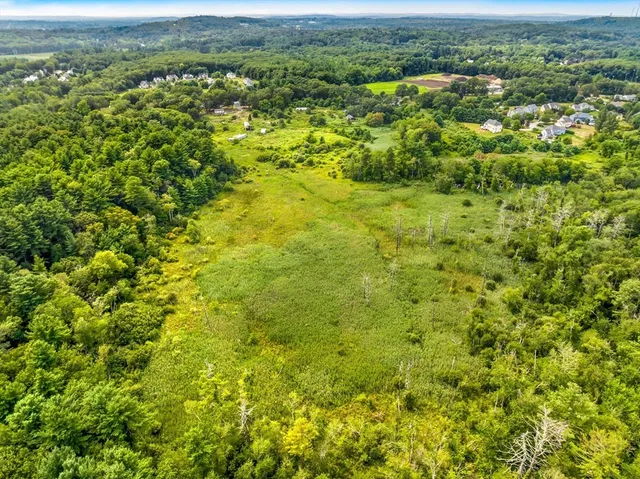 an aerial view of residential houses with outdoor space and trees