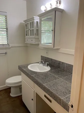 a bathroom with a granite countertop sink and a toilet
