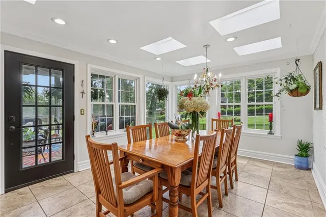 a view of a dining room with furniture window and outside view