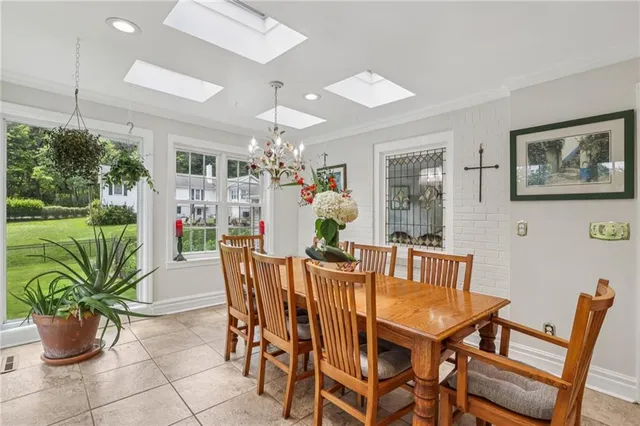 a view of a dining room with furniture window and garden view