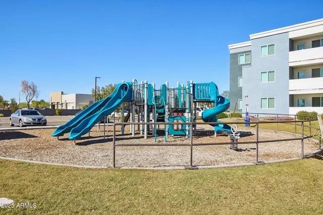 a view of a park with slide